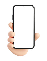 A 3D cartoon hand holding a blank vertical smartphone, isolated on transparent background, PNG