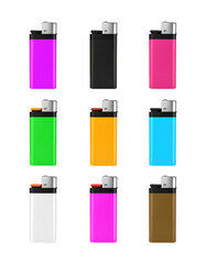 A set of 3D blank lighters, various colors, isolated on transparent background, PNG