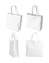 A collection of 3D blank tote bags, different angles, isolated on transparent background, PNG