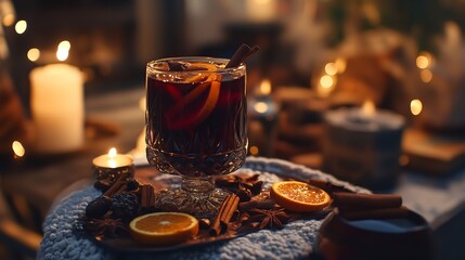 Cozy winter mulled wine with orange slices and cinnamon sticks, served with warm lights and candles