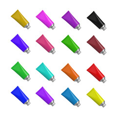 A collection of 3D blank paint tubes, various colors, isolated on transparent background, PNG
