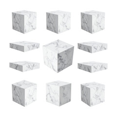 A collection of 3D cube podiums, white marble texture, isolated on transparent background, PNG