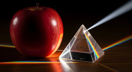 Vibrant red apple and glass prism dispersing light into a rainbow spectrum for Newton Day scientific discovery concept and optical physics illustration