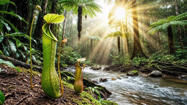 Pitcher plants in sunlit rainforest with flowing stream