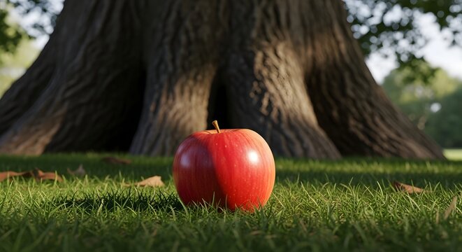 Bright red apple resting on green grass under a large tree trunk, illustrating the gravity discovery concept and Newton Day inspiration
