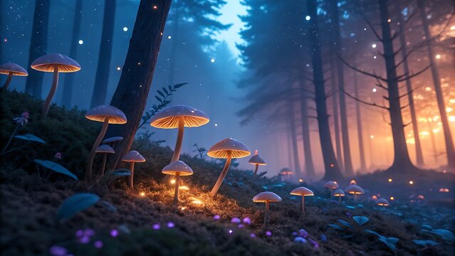 Bioluminescent mushrooms glow warmly on a mossy forest floor, enveloped in a mystical twilight haze with sparkling lights and towering trees.