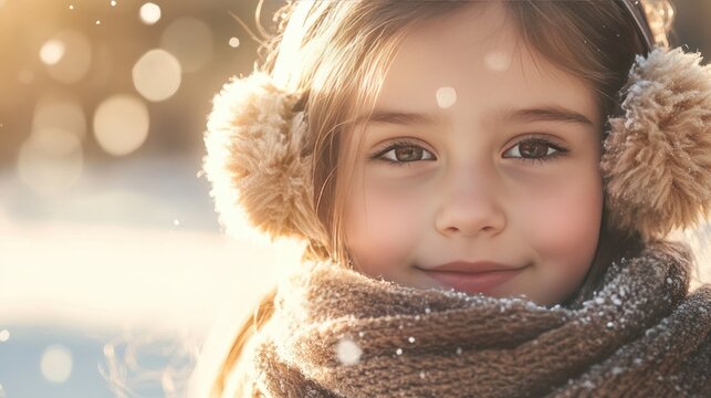 Young girl in winter attire smiles warmly during snowfall, wearing cozy earmuffs and scarf, glowing in soft golden sunlight with a dreamy bokeh background