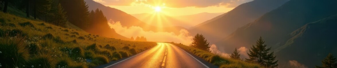 Golden sunbeams pierce morning mist above winding road, country road, dawn, scenic