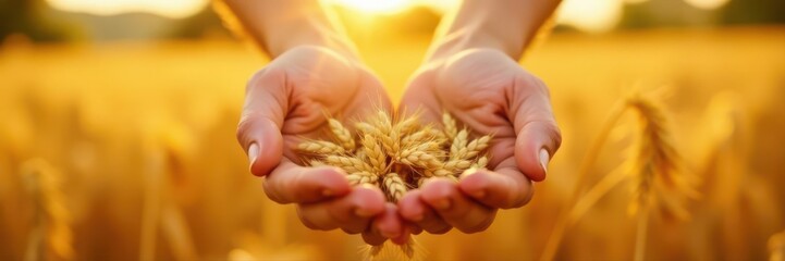 Golden wheat cascading between hands, sunlit field backdrop, farming life, pouring wheat, ripe
