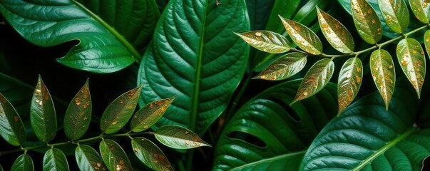Opulent gold-spattered green tropical leaves bridal bouquet , rich, wedding decor, elegant