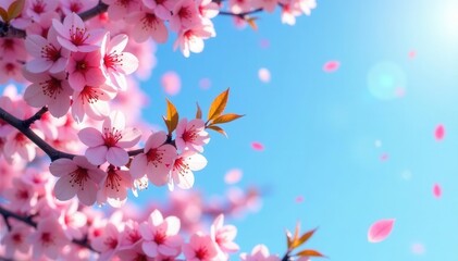 Pink cherry blossom petals falling against a blue spring sky , sakura, tree