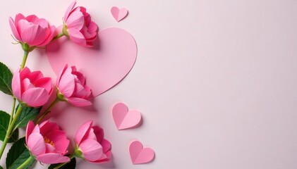 Pink flowers, paper heart on pastel background Spring/summer flatlay , card, bright