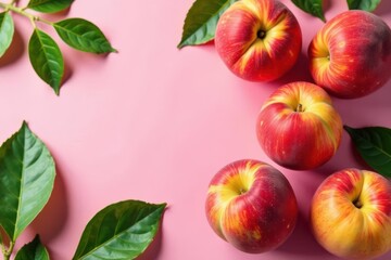 Ripe peaches, lush leaves, pink backdrop Flat lay, top view , nature, fruit