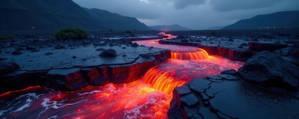 Red-orange lava river cascades across a dark, glossy lava field , magma, lava field