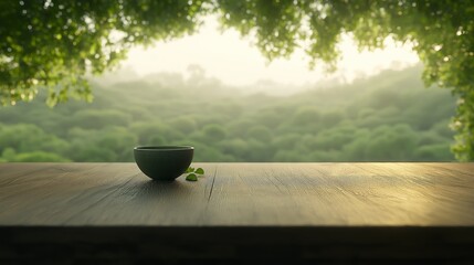 Serene Tea Moment: A minimalist composition features a solitary tea cup on a weathered wooden surface, framed by lush greenery and a tranquil backdrop, inviting a moment of calm and introspection.