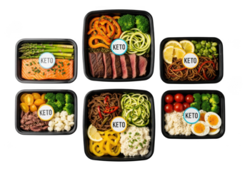 Six keto meal prep containers assortment isolated on transparent background