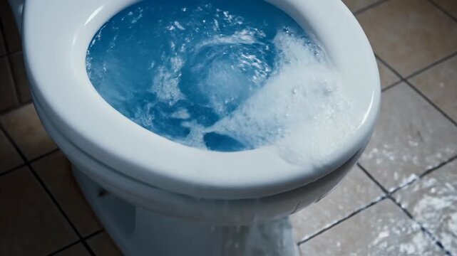 Overflowing toilet with blue water and suds spilling onto bathroom floor plumbing problem water damage concept