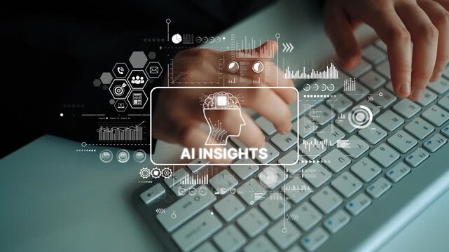 Hands Typing on Keyboard with AI Insights Graphics and Data Visualizations in Modern Workspace Environment. Asymptotic smart data analytic.