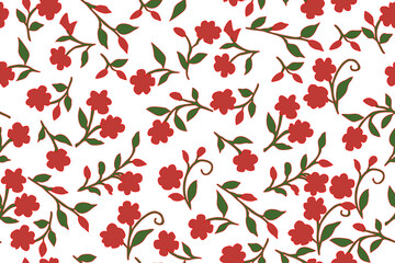 A seamless floral pattern featuring red blossoms and green leaves on a clean white background, creating a fresh, elegant, and nature-inspired decorative design.
