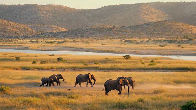 Majestic herd of African elephants walking through golden savanna grassland at sunset raising