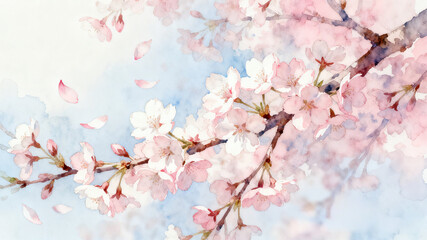 Pink Cherry Blossoms Branch Watercolor Illustration ,Dreamy Soft Focus Cherry Blossom Sky Background ,Delicate Sakura Bloom in Spring Sky