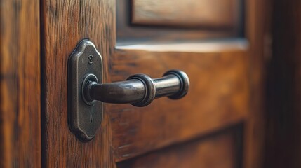 Obraz premium Rustic Wooden Door with Classic Handle, Close-Up View, Detailed Texture of Grain, Antique Bronze Hardware, Warm Home Decor Element, Architectural Feature