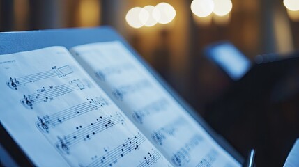 Close-Up of Musical Sheet Notes on Stand with Blurred Background of Concert Hall Lights, Capturing the Essence of Live Music Performance Experience