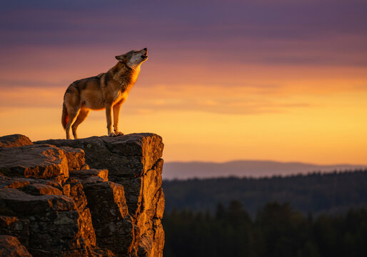 A majestic wolf stands atop a rocky cliff, howling under a vibrant sunset sky. - Powered by Adobe