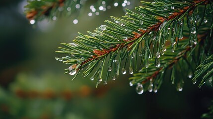 Close-up of Spruce Tree Branch with Water Drops Hanging from Needles in Natural Environmental Setting, Capturing the Beauty of Nature's Fine Details