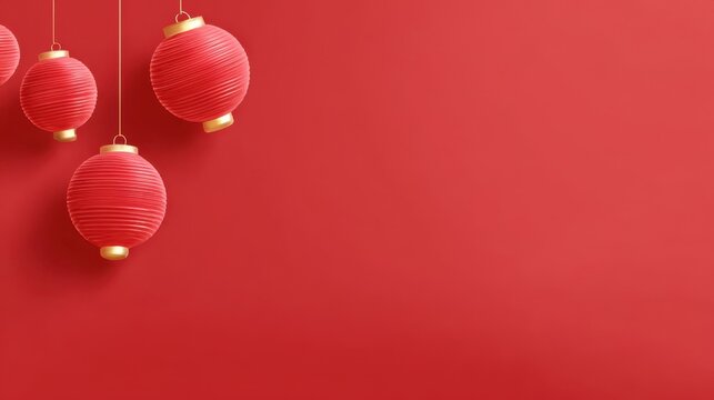 Red paper lanterns hanging against a vibrant red background, creating a festive atmosphere for celebrations and cultural events with copy space