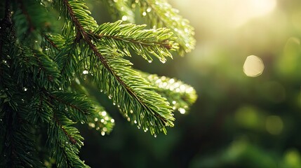 Fototapeta premium Close-Up of Fresh Green Pine Needles with Water Drops and Beautiful Sunlight Creating a Serene and Tranquil Nature Background