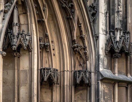 Close-up of cathedral exterior with arched openings and detailed stone carvings. Gothic architecture is prominent