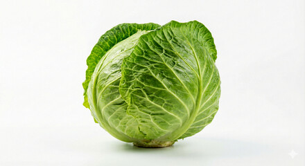 Fresh green cabbage vegetable isolated on a clean white background, detailed texture and vibrant color, ready for healthy cuisine.