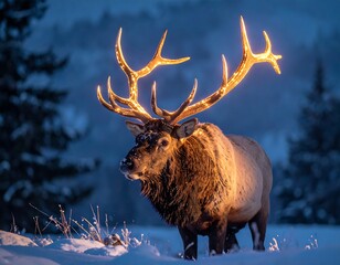 Majestic bull elk stands tall in a snowy forest, illuminated by soft golden light