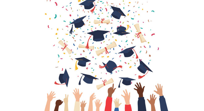 Excited graduates celebrating success by throwing graduation caps and diplomas in the air with colorful confetti raining down, symbolizing achievement