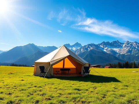 A beige canvas tent sits on lush green grass, flanked by camping chairs and a table Majestic mountains loom behind under a bright summer sky, captured in an ultra wide angle ,  canvas,  vacation