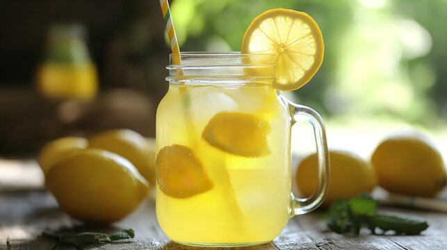 Refreshing lemonade in a mason jar with lemon slices and ice, garnished with a lemon wheel and straw - Powered by Adobe