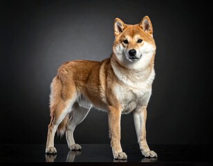 Majestic canine stands poised, displaying its rich, layered coat against a dark backdrop, ready to greet viewers