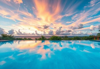 Azure swimming pool reflecting vibrant sky, clouds, and surrounding foliage,  royalty free,  surface