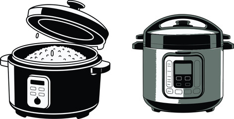 Two Different Instant Pot Illustrations One Open with Rice, One Closed with Digital Display