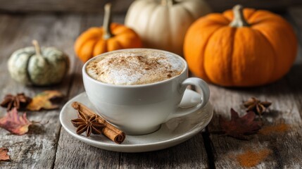 A cozy cup of spiced coffee sits on a wooden surface surrounded by vibrant pumpkins and seasonal leaves. The warm tones create a comfortable autumn atmosphere.