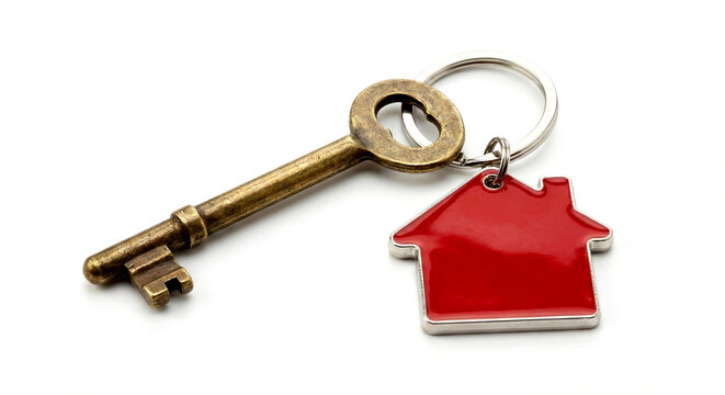 Antique brass key with a red house-shaped keychain on a white background, symbolizing home ownership and real estate.