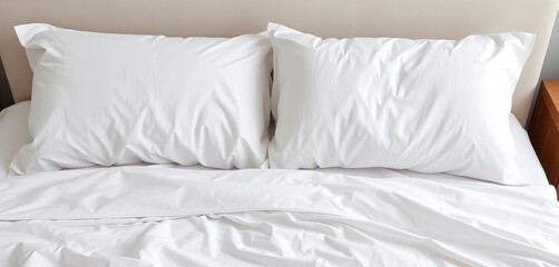 Crisp, wrinkle-free white bed sheets on a neatly made bed, comfort, simple