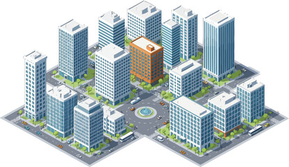 Isometric view of a modern city block with numerous tall skyscrapers and a central circular park area