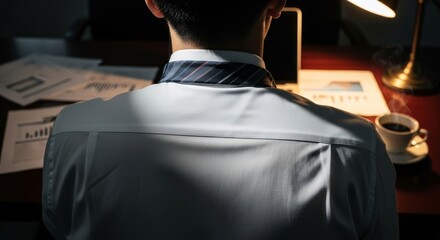 Asian businessman in gray suit working late at desk with financial documents charts and coffee cup under warm desk lamp lighting