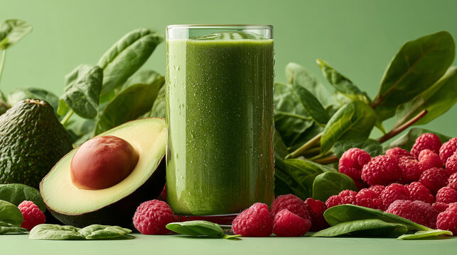 Refreshing green smoothie with avocado and raspberries on green surface - Powered by Adobe