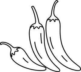 Chili peppers outline drawing, black and white vector illustration, vegetable sketch, botanical food design template, spicy cooking ingredient coloring art