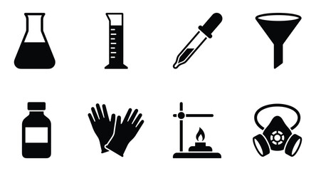 Obraz premium Science Lab Icons: An array of eight essential lab equipments in black vector illustration