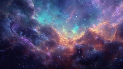 Fototapeta premium A stunning view of a cosmic landscape filled with vibrant colors. Nebulas in shades of purple blue and orange create a mesmerizing sight among countless shining stars.