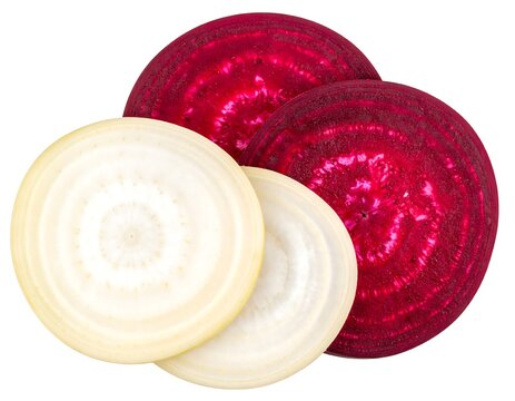 Sliced red beets and white root vegetable rings arranged against a pure white background - Powered by Adobe